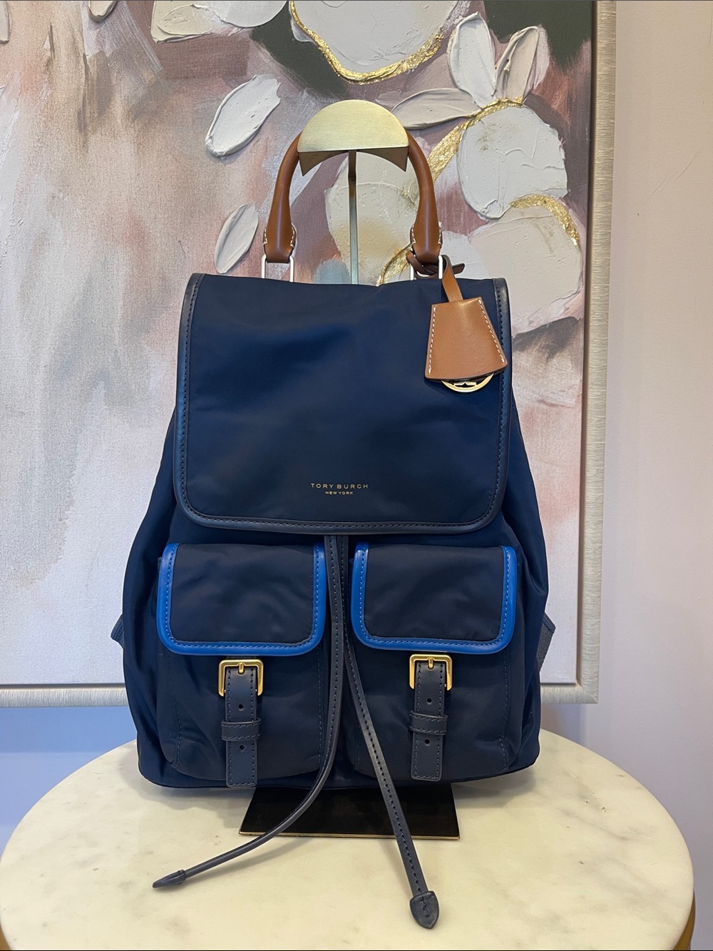 Tory Burch Perry Navy Blue Nylon Backpack with Leather Handle